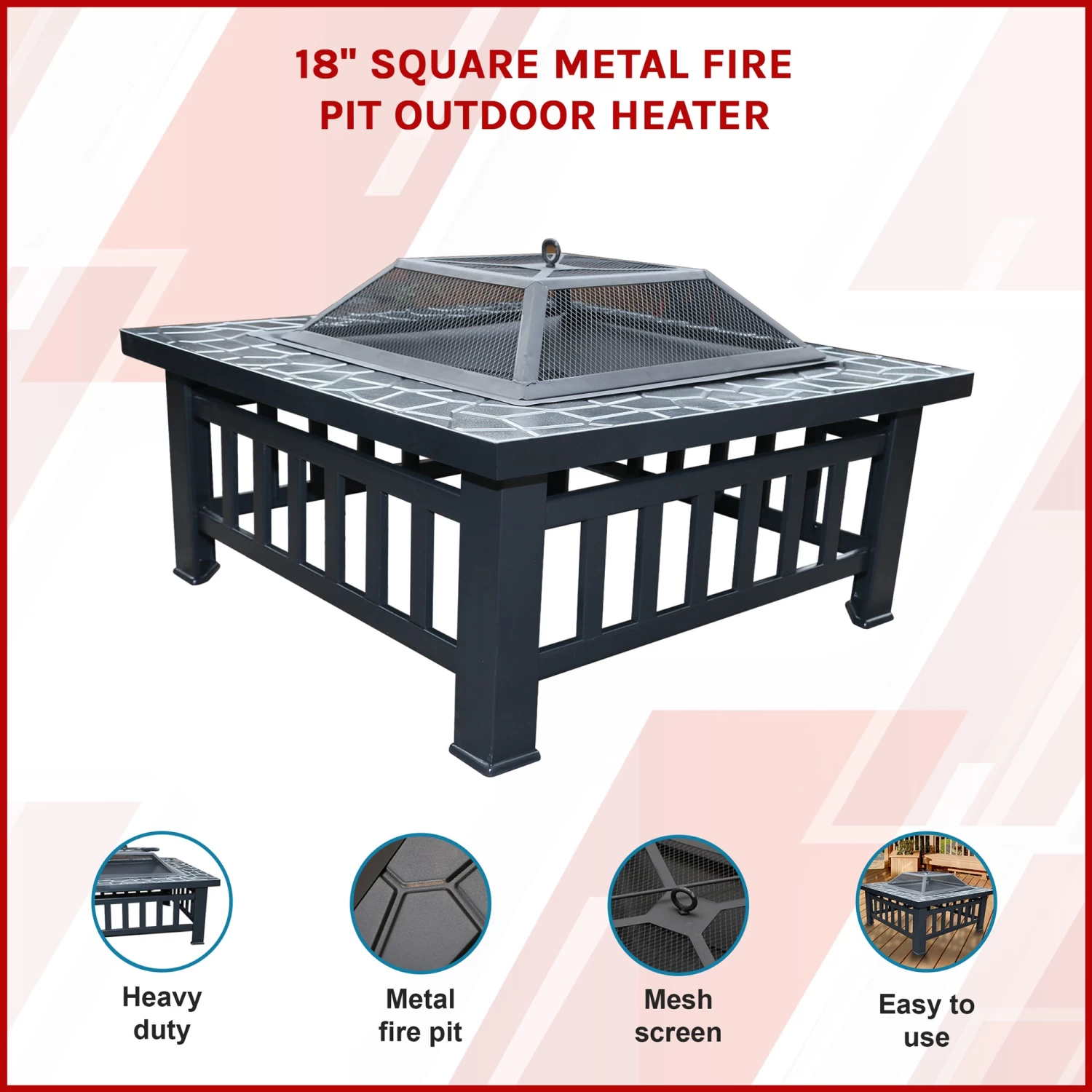 18" Square Metal Fire Pit Outdoor Heater - Image 3