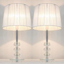 2x Glass & Ribbon Shade Bedside Lamps Silver 45cm