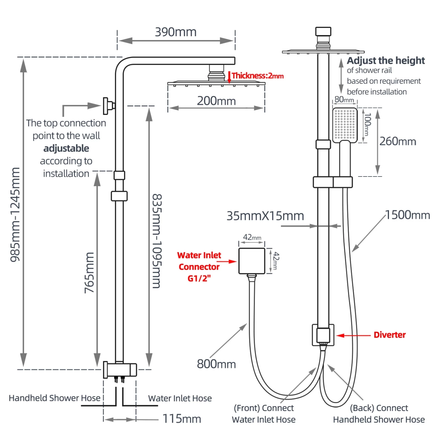 ACA 8 Inch Chrome Shower Station Top/Bottom Water Inlet With 200mm Square Rainfall Shower Head Set - Image 2