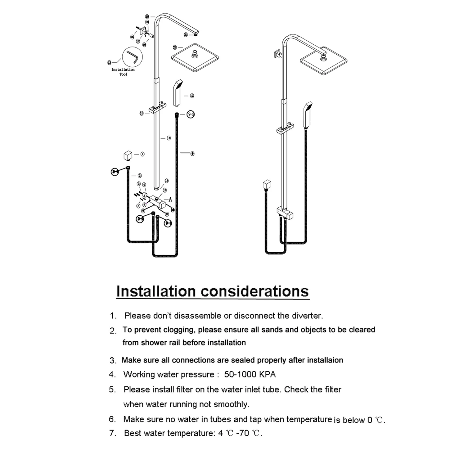 ACA 8 Inch Chrome Shower Station Top/Bottom Water Inlet With 200mm Square Rainfall Shower Head Set - Image 3