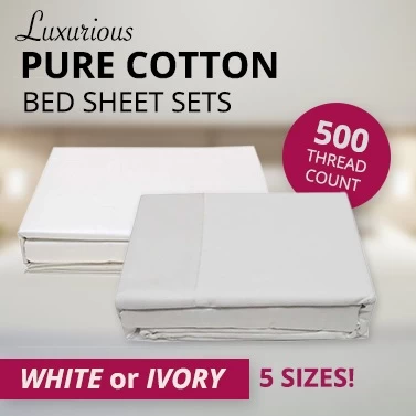White Or Ivory Pure Cotton Bed Sheets Set 500TC - Image 2