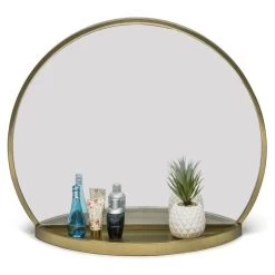 Antique Round Table Wall Mirror With Shelf In Brass