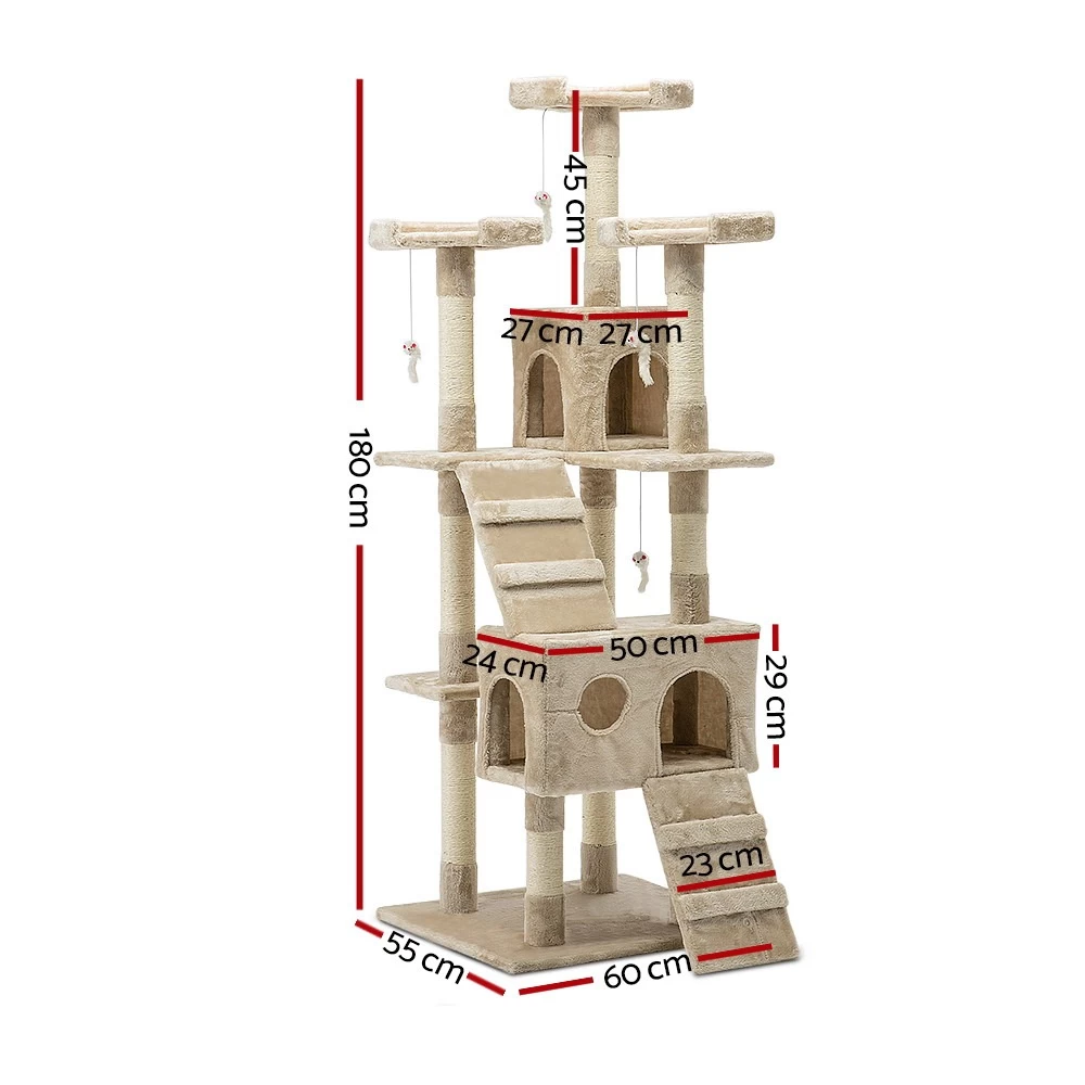 I.Pet Cat Tree 180cm Trees Scratching Post Scratcher Tower Condo House Furniture Wood Beige - Image 3