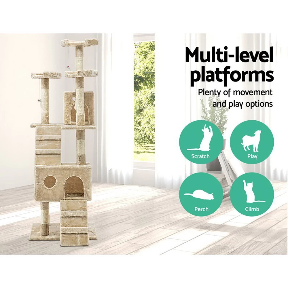 I.Pet Cat Tree 180cm Trees Scratching Post Scratcher Tower Condo House Furniture Wood Beige - Image 4