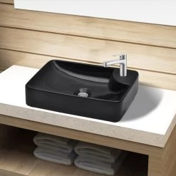 Ceramic Bathroom Sink Basin With Faucet Hole Black VidaXL