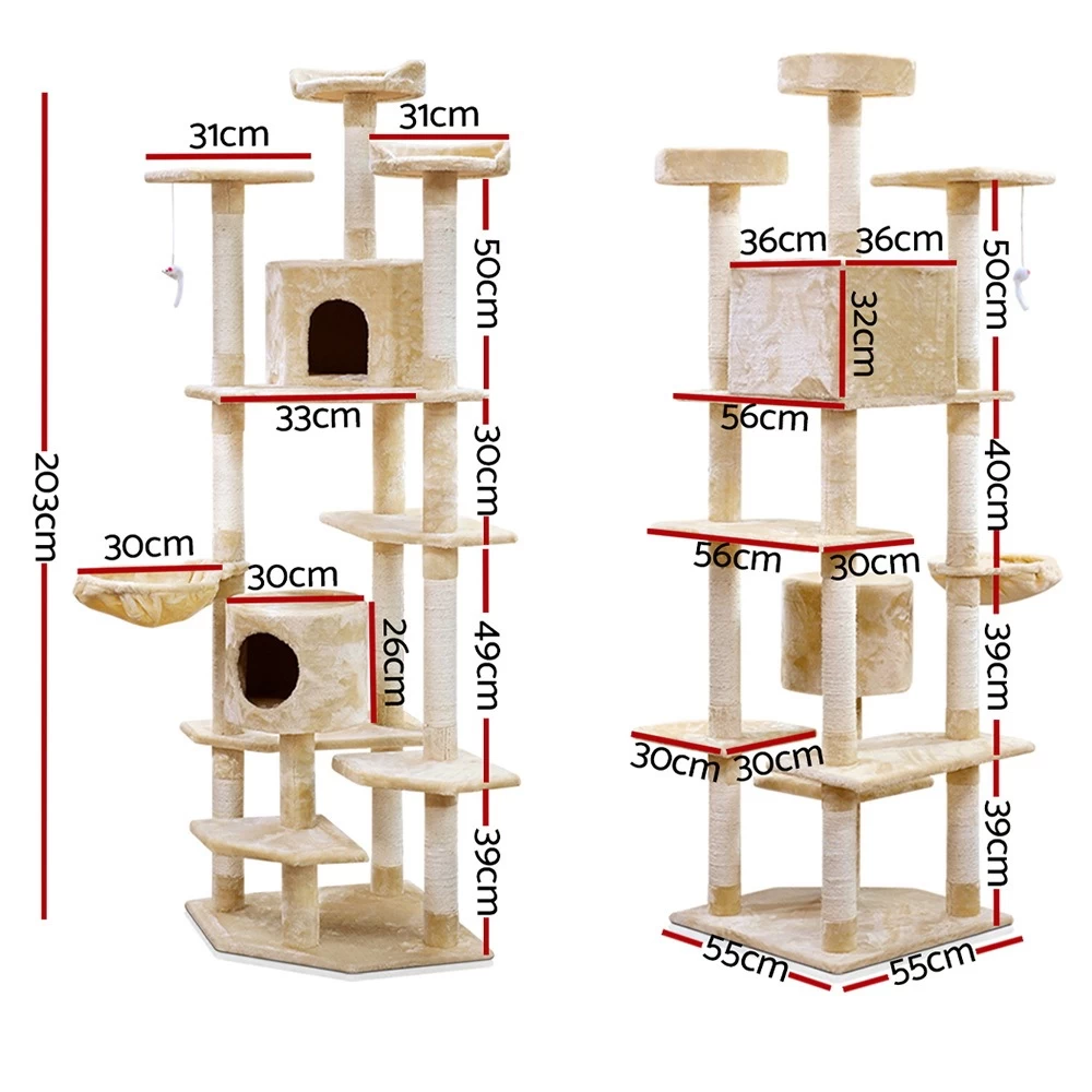 I.Pet Cat Tree 203cm Trees Scratching Post Scratcher Tower Condo House Furniture Wood Beige - Image 3