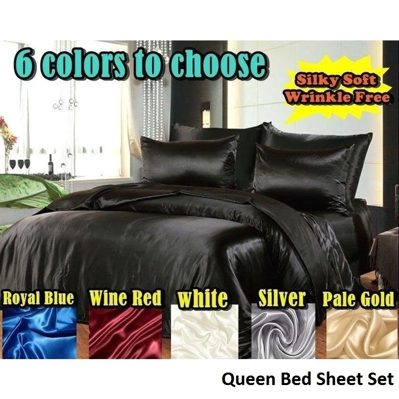 Hotel Quality Queen Size Satin Bed Sheets Set 6 Colours - Image 2