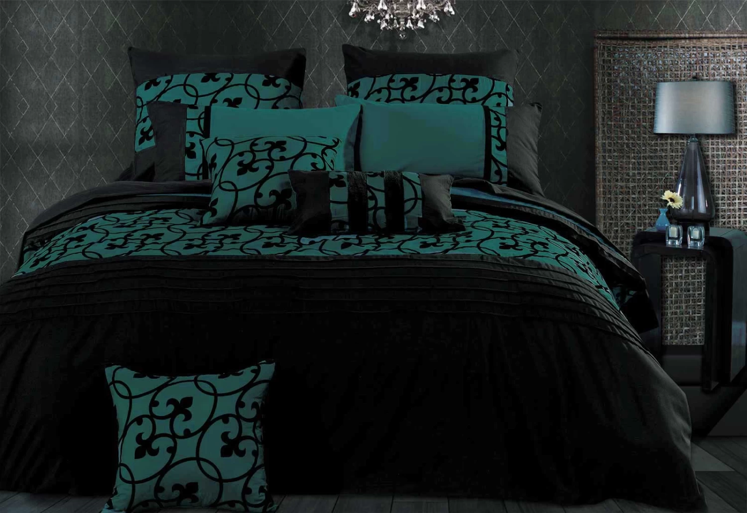 Queen Size Black Scroll Floral On Teal Green 3pcs Quilt Cover Set