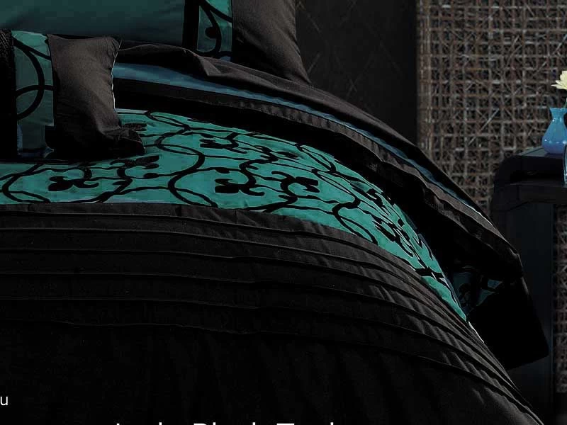 Queen Size Black Scroll Floral On Teal Green 3pcs Quilt Cover Set - Image 2