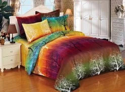 Rainbow Tree King Size Bed Quilt Doona Duvet Cover & Pillow Cases Set Green Purple Yellow