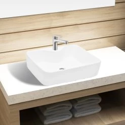Ceramic Bathroom Sink Basin With Faucet Hole White Square VidaXL