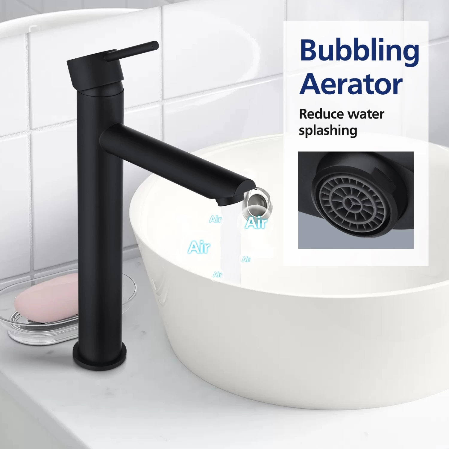 ACA Round Bathroom Taps Tall Basin Mixer Tapware Faucet Brass WELS Matte Black - Image 5