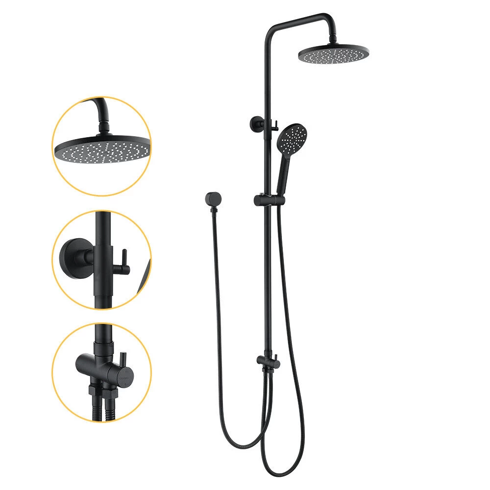 WELS 9" Rain Shower Head Adjustable Sliding Rail Set Dual Hose Twin Head Black