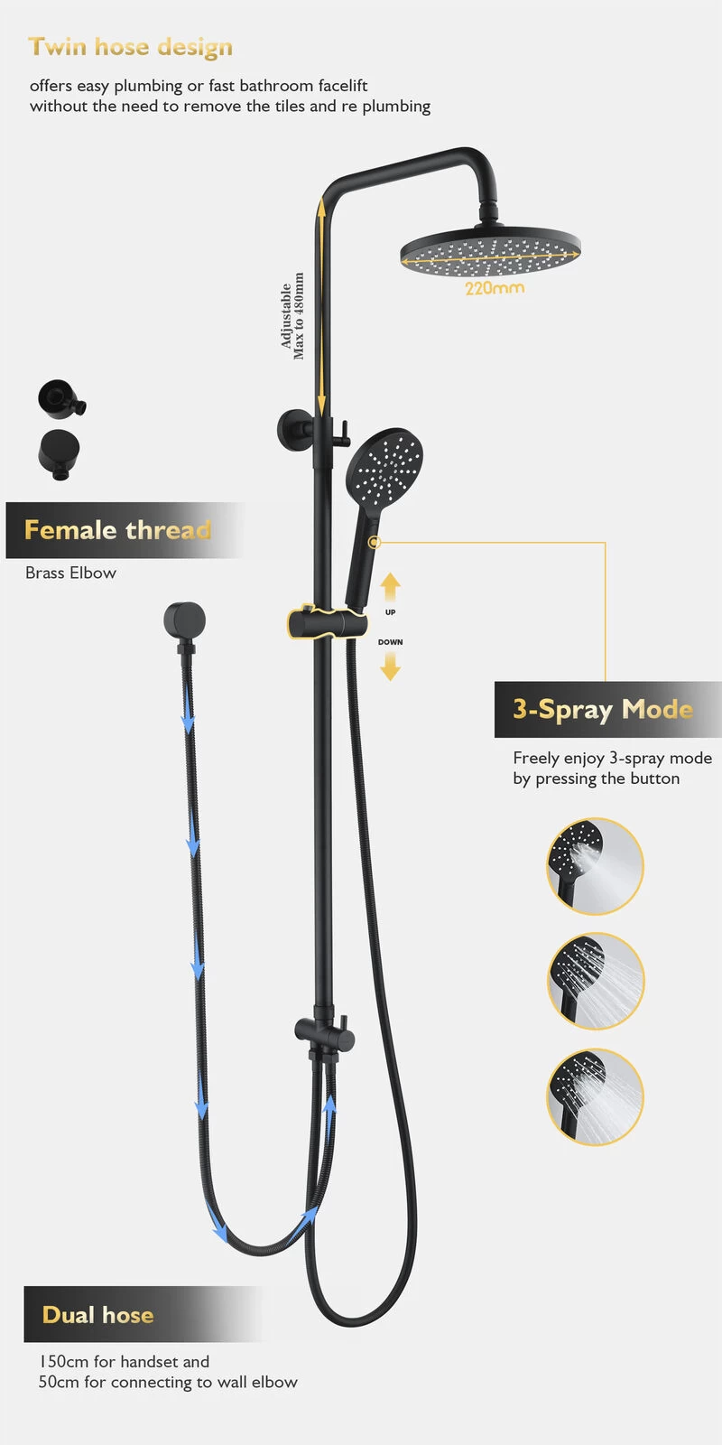 WELS 9" Rain Shower Head Adjustable Sliding Rail Set Dual Hose Twin Head Black - Image 2