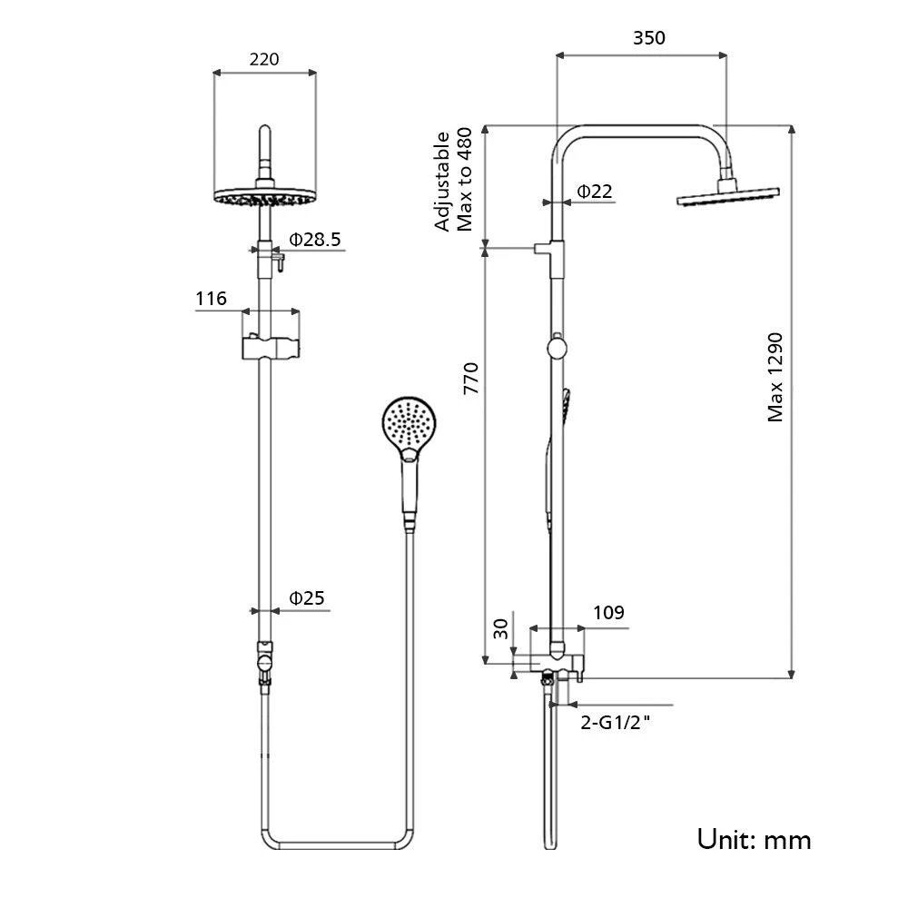 WELS 9" Rain Shower Head Adjustable Sliding Rail Set Dual Hose Twin Head Black - Image 11