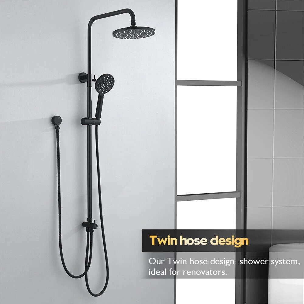 WELS 9" Rain Shower Head Adjustable Sliding Rail Set Dual Hose Twin Head Black - Image 12